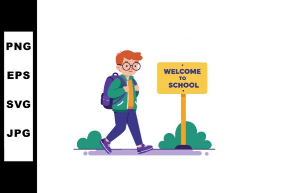 Boy with Backpack Walking to School Near Graphics