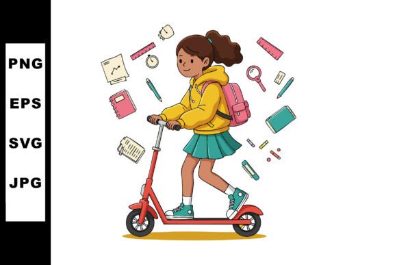 Girl Riding Red Scooter with Backpack an: Graphics and Illustrations for Creative Marketing