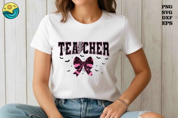 Pink Halloween Teacher Bow Design Graphics