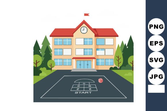 School Building with Playground and Hops