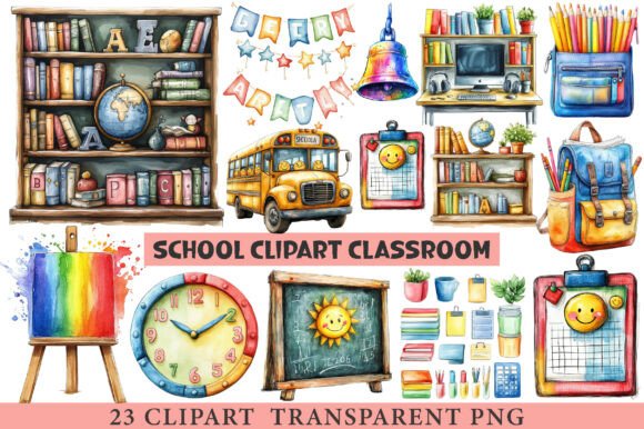 Watercolor School Clipart Classroom Graphics